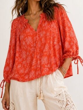 Collective Concepts Rust Orange Floral Tie-Sleeve Blouse